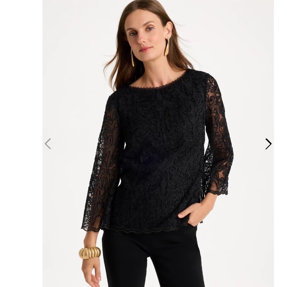 Chicos Black Lace Leopard Print Scoop Neck 3/4 Sleeve A-Line Blouse Size 2 L